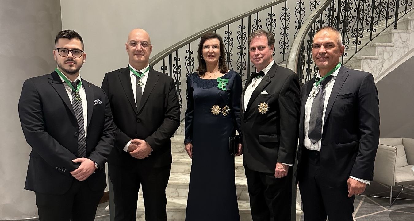 From left: Chevalier Veselin Stankov, Chevalier Svetoslav Boyadzhiev, HIRH Margaret Herta Habsburg-Lothringen, HIRH Archduke Sandor Habsburg-Lothringen, Chevalier Radoy Koynov. Malta, 2024.